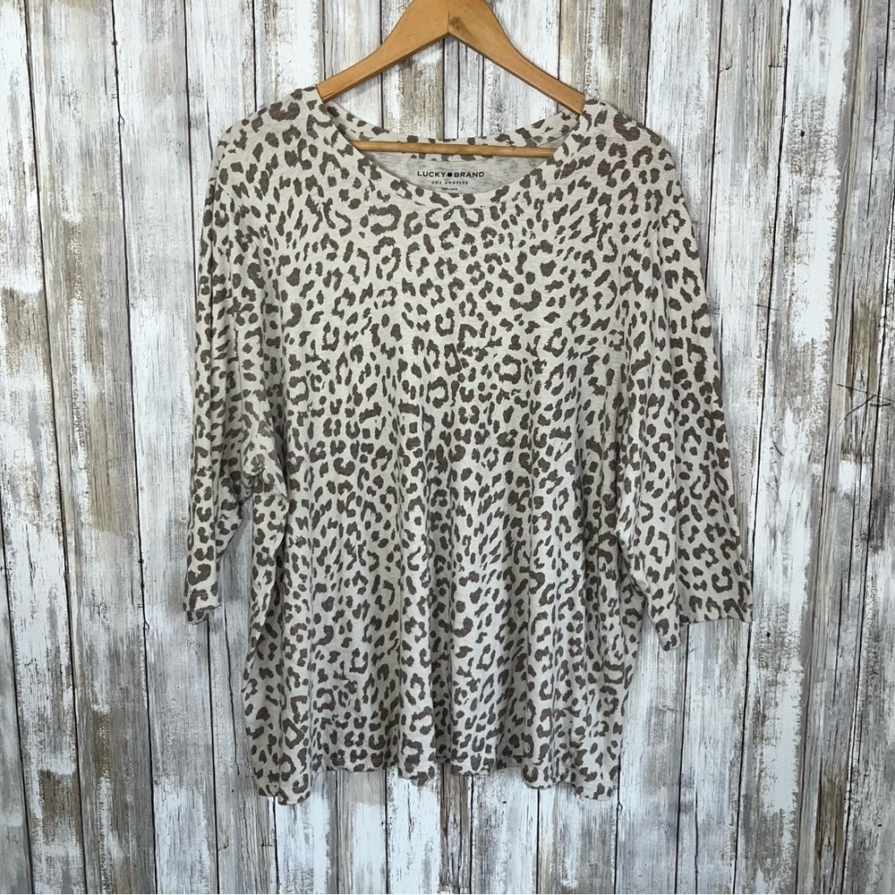 Lucky Brand Leopard Print Top 3X Plus Size Boho Oversized Tee Cream Brown - Picture 1 of 5